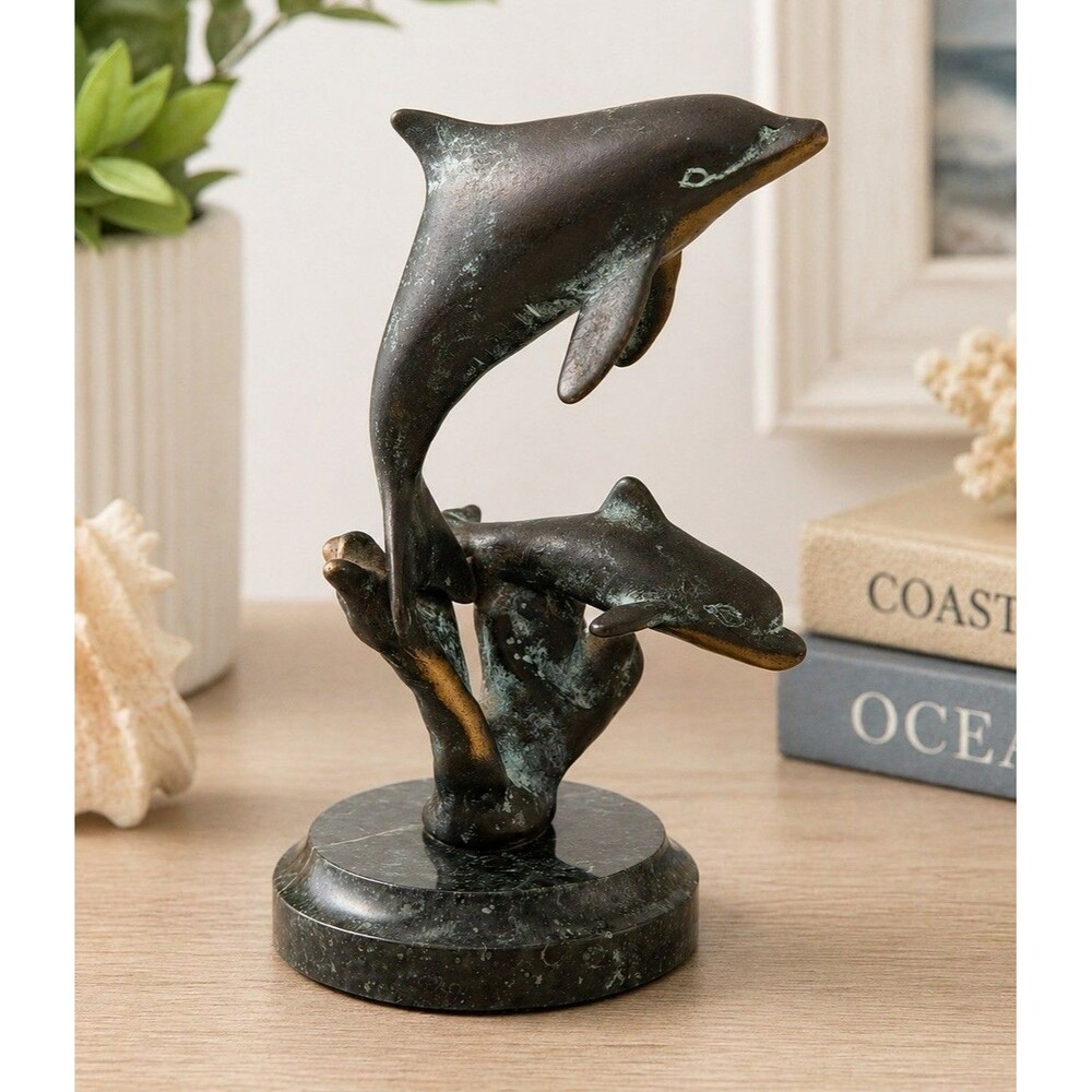 SPI San Pacific International Dolphin & Calf Bronze Marble Base Sculpture 6”